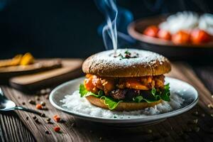 un' Hamburger con un' salsa su superiore e un' ciotola di verdure. ai-generato foto