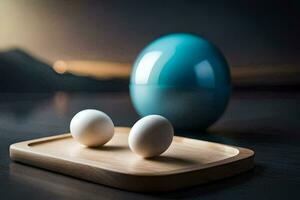 Due uova su un' di legno vassoio con un' blu ciotola. ai-generato foto