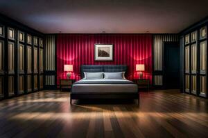 un' Camera da letto con rosso muri e legna piani. ai-generato foto
