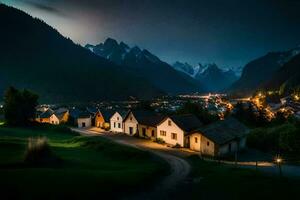 foto sfondo il cielo, montagne, notte, il villaggio, il Alpi, il Alpi. ai-generato
