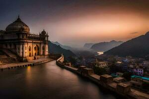 il tramonto al di sopra di il fiume e il città di delhi. ai-generato foto