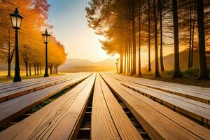 un' lungo di legno panchina è foderato su nel il mezzo di un' parco. ai-generato foto