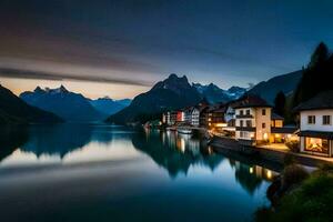 un' lago e case nel il montagne a crepuscolo. ai-generato foto