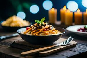 un' ciotola di pasta con verdure e carne su un' tavolo. ai-generato foto