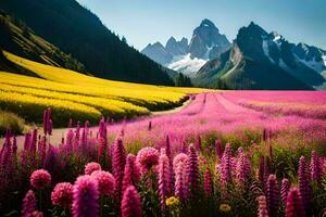 un' campo di rosa fiori e montagne nel il sfondo. ai-generato foto