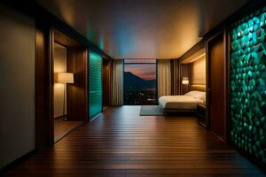 un' Camera da letto con un' Visualizza di il montagne a notte. ai-generato foto