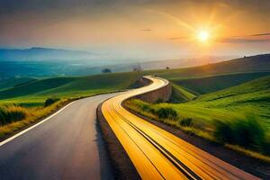 un' strada con un' tramonto nel il sfondo. ai-generato foto