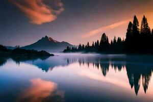 un' montagna e lago a tramonto. ai-generato foto