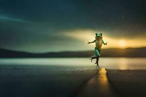 un' rana è a piedi su un' spiaggia a tramonto. ai-generato foto