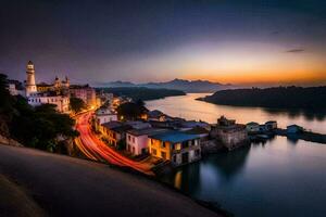 un' città con un' fiume e montagne a tramonto. ai-generato foto