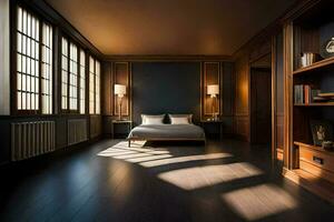 un' Camera da letto con buio legna muri e un' letto. ai-generato foto
