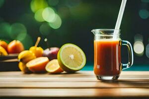 un' bicchiere di succo con un' cannuccia su un' tavolo. ai-generato foto