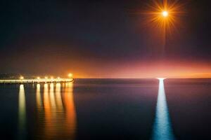 un' molo a notte con un' luminosa leggero splendente al di sopra di esso. ai-generato foto