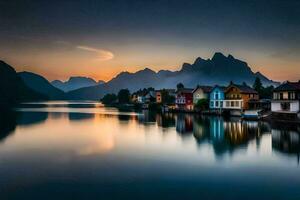 foto sfondo il cielo, montagne, acqua, case, lago, il sole, il montagne,. ai-generato