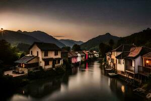 un' fiume corre attraverso un' villaggio a tramonto. ai-generato foto