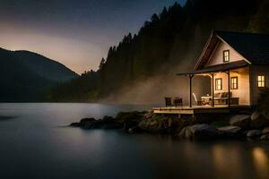 foto sfondo il cielo, lago, nebbia, montagne, Casa, lago, cabina, il Casa. ai-generato