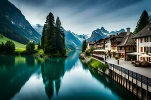 un' lago e un' montagna gamma nel il sfondo. ai-generato foto