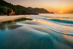 il sole imposta al di sopra di un' spiaggia con onde. ai-generato foto