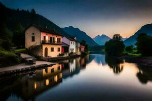 foto sfondo il cielo, montagne, acqua, fiume, Casa, montagne, lago, tramonto,. ai-generato