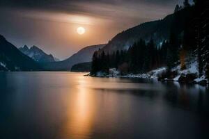 un' pieno Luna brilla al di sopra di un' lago nel il montagne. ai-generato foto