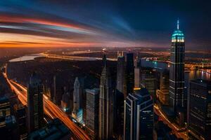 il città orizzonte a tramonto. ai-generato foto