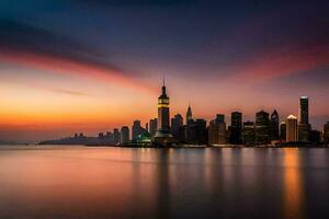 il hong kong orizzonte a tramonto. ai-generato foto