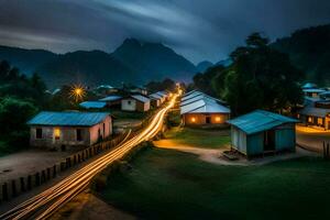 un' villaggio a notte con luci su il strada. ai-generato foto