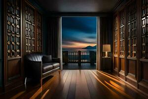 un' camera con di legno piani e un' Visualizza di il oceano. ai-generato foto