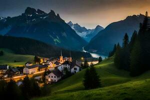 un' villaggio nel il montagne a tramonto. ai-generato foto