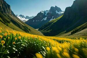 un' campo di giallo fiori nel davanti di montagne. ai-generato foto