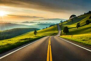 un' strada nel il montagne con un' tramonto. ai-generato foto