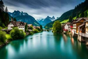 un' fiume corre attraverso un' cittadina nel il montagne. ai-generato foto