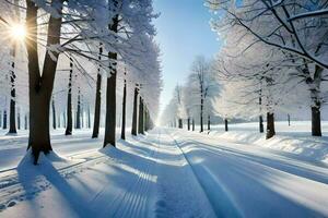 un' nevoso strada foderato con alberi e neve. ai-generato foto