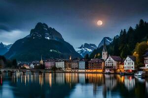 il Luna sorge al di sopra di il cittadina di blanco, Svizzera. ai-generato foto