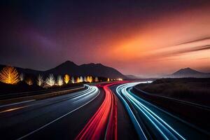 un' lungo esposizione fotografia di un' autostrada a notte. ai-generato foto