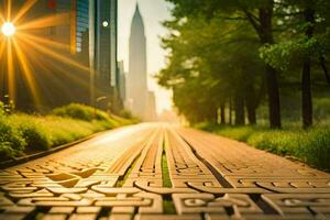 un' città strada con un' sentiero quello è pavimentata con mattoni. ai-generato foto