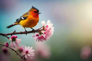 foto sfondo il cielo, uccello, molla, fiori, il uccello, molla, il uccello,. ai-generato