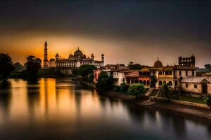 il tramonto al di sopra di il fiume nel India. ai-generato foto