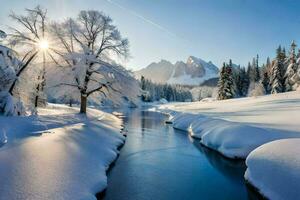 un' fiume nel il neve con alberi e montagne. ai-generato foto