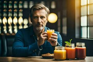 un' uomo seduta a un' tavolo con succo e frutta. ai-generato foto