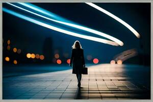 un' donna a piedi giù un' strada a notte con luci nel il sfondo. ai-generato foto