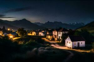 un' villaggio a notte con montagne nel il sfondo. ai-generato foto