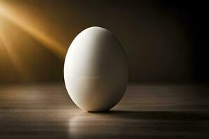 un uovo su un' tavolo con un' luminosa leggero dietro a esso. ai-generato foto