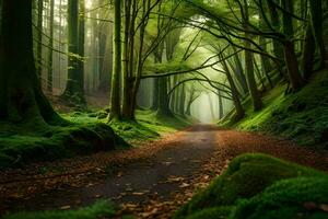 un' sentiero attraverso un' verde foresta con alberi e muschio. ai-generato foto