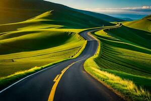 un' avvolgimento strada nel il mezzo di verde colline. ai-generato foto