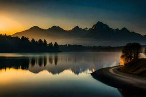 un' lago e montagne a tramonto. ai-generato foto