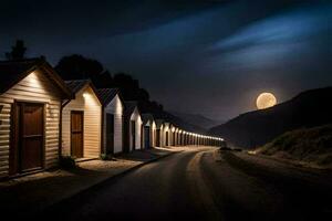 un' riga di spiaggia capanne a notte con il Luna splendente. ai-generato foto