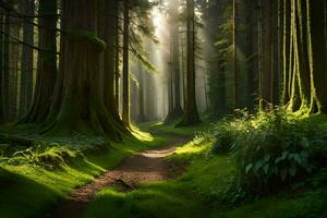 un' sentiero attraverso il foresta con luce del sole splendente attraverso il alberi. ai-generato foto