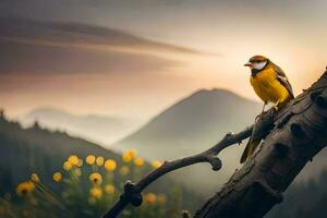 un' giallo uccello si siede su un' ramo nel davanti di un' montagna. ai-generato foto