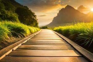 un' di legno sentiero conduce per il montagne a tramonto. ai-generato foto